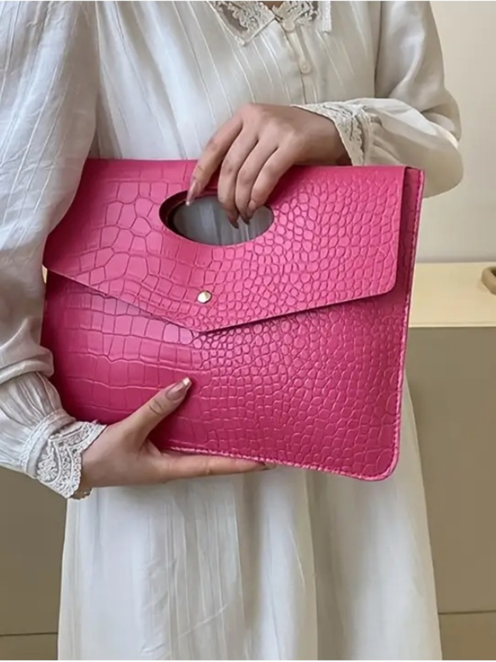 Fuchsia Croc-Embossed Envelope Clutch